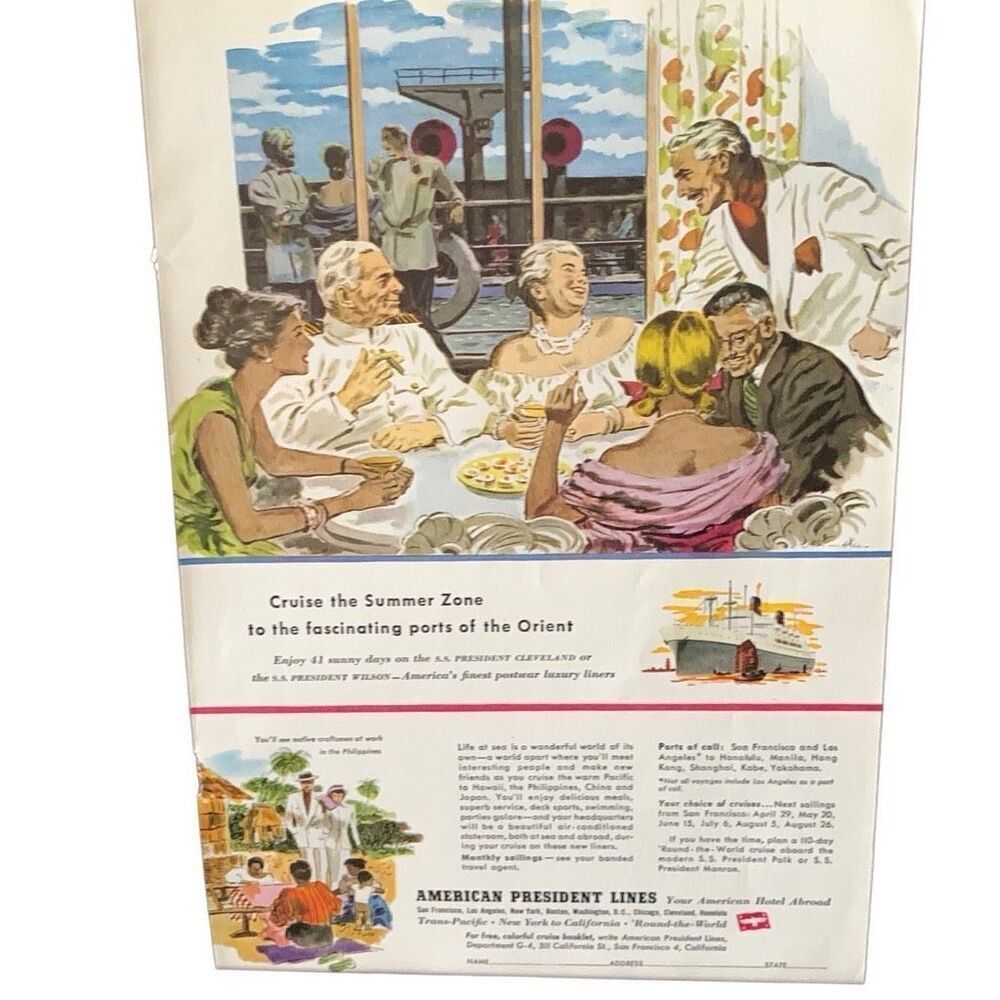 Vintage 1949 American President Lines Cruise Summer Zone Ad Advertisement